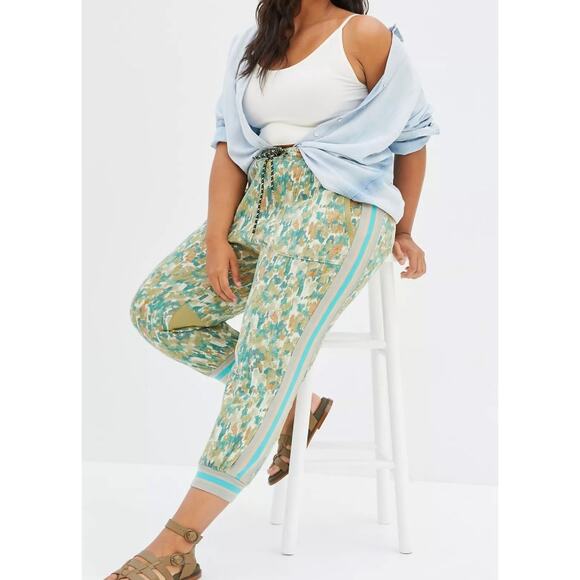 Daily Practice by Anthropologie Retro Joggers Green Print Sweatpants Womens 2X - Picture 1 of 10